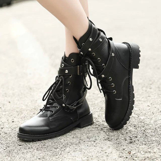 Women's Lace-Up Martin Boots Thick Heel - Black - Sarah Express