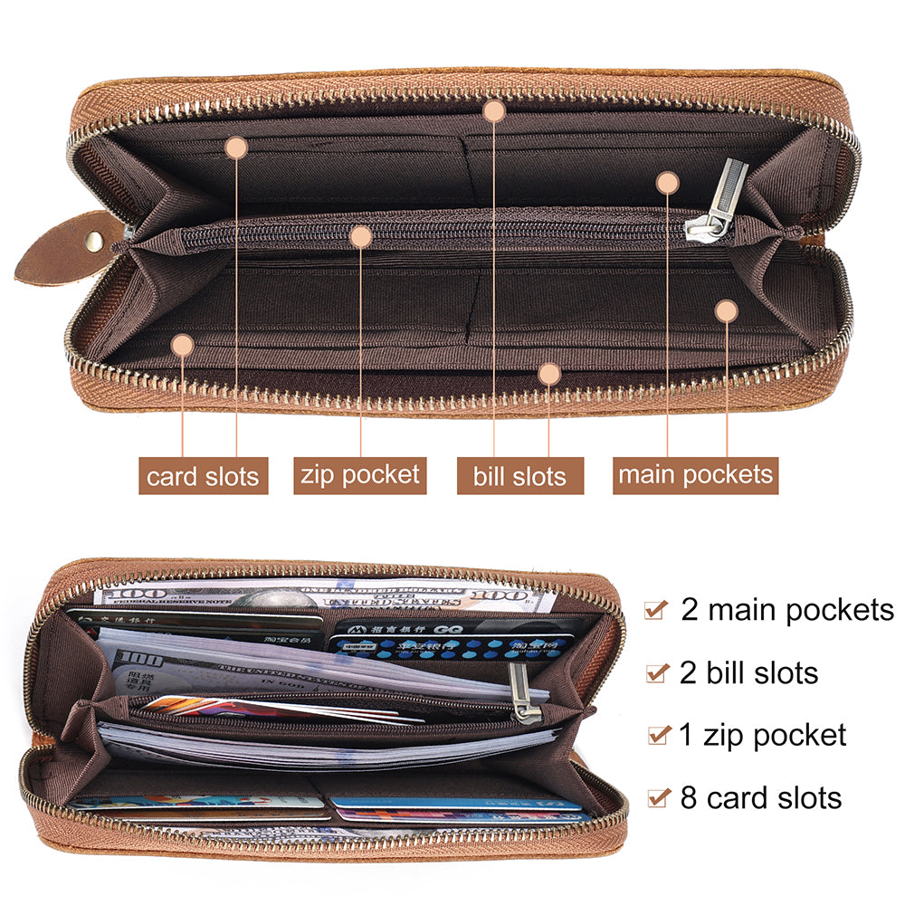 Sarah Express Long Leather Wallet With Zipper Closure