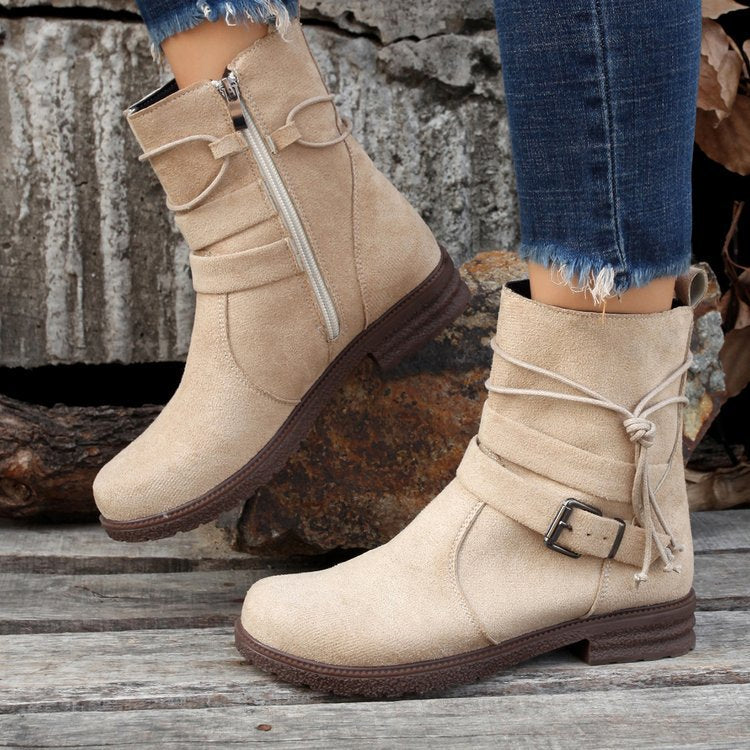 Sarah Express Retro Round Toe Buckle Ankle Boots