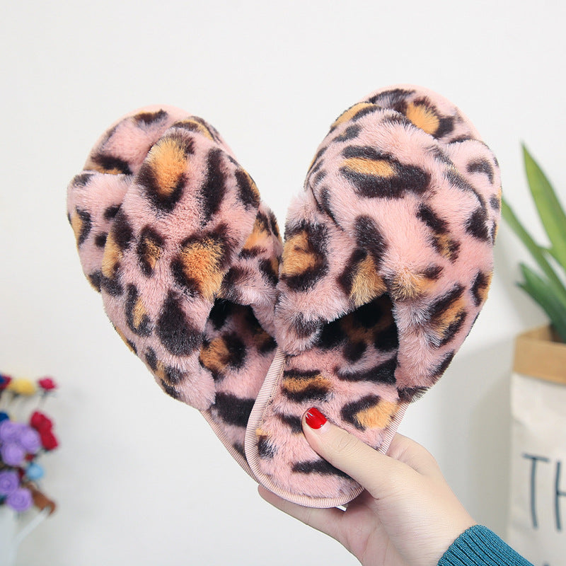 Sarah Express Fuzzy Leopard Cross-Strap House Slippers