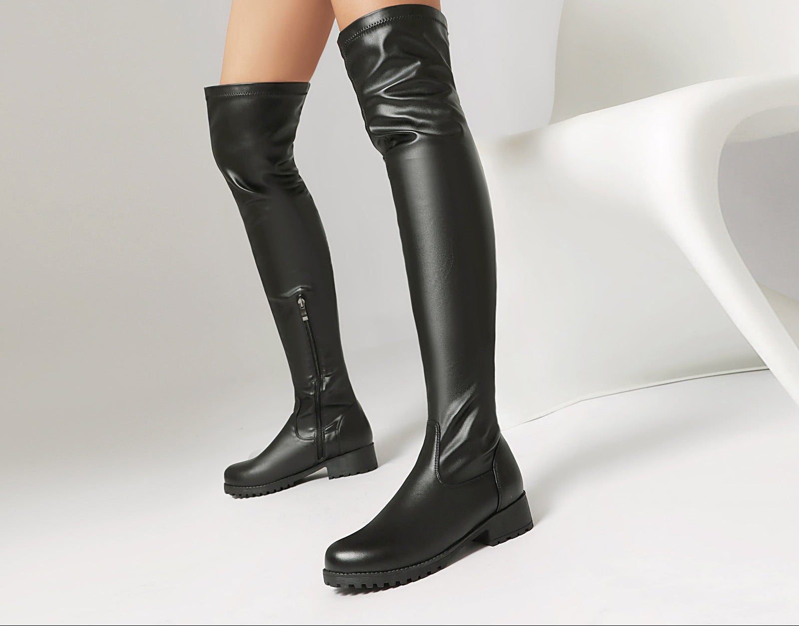 Sarah Express Stretchy Over-the-Knee Low Heel Boots Black