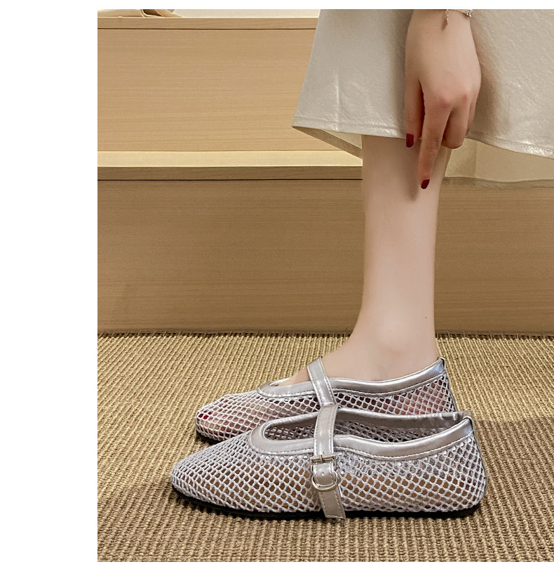 Women Flat Single Shoes, 2026 Summer New Hollow Mesh Breathable Sandals, Soft Sole Fishnet French Mary Janes – front product view