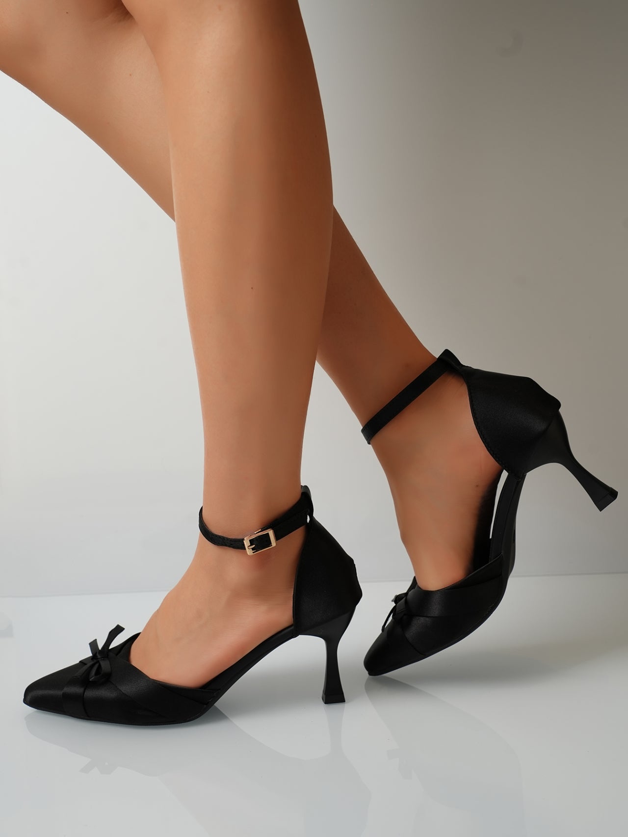 Champagne Satin Pointed Toe Mule Heels With Mini Bow & Adjustable Ankle Strap – product detail alternate view 8