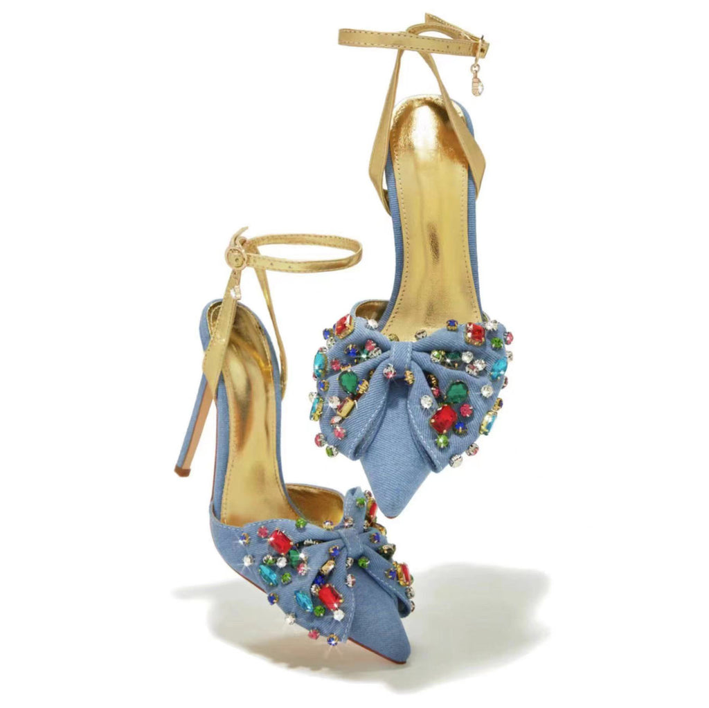 Sarah Express Denim Rhinestone Bow Pointed Toe Heels