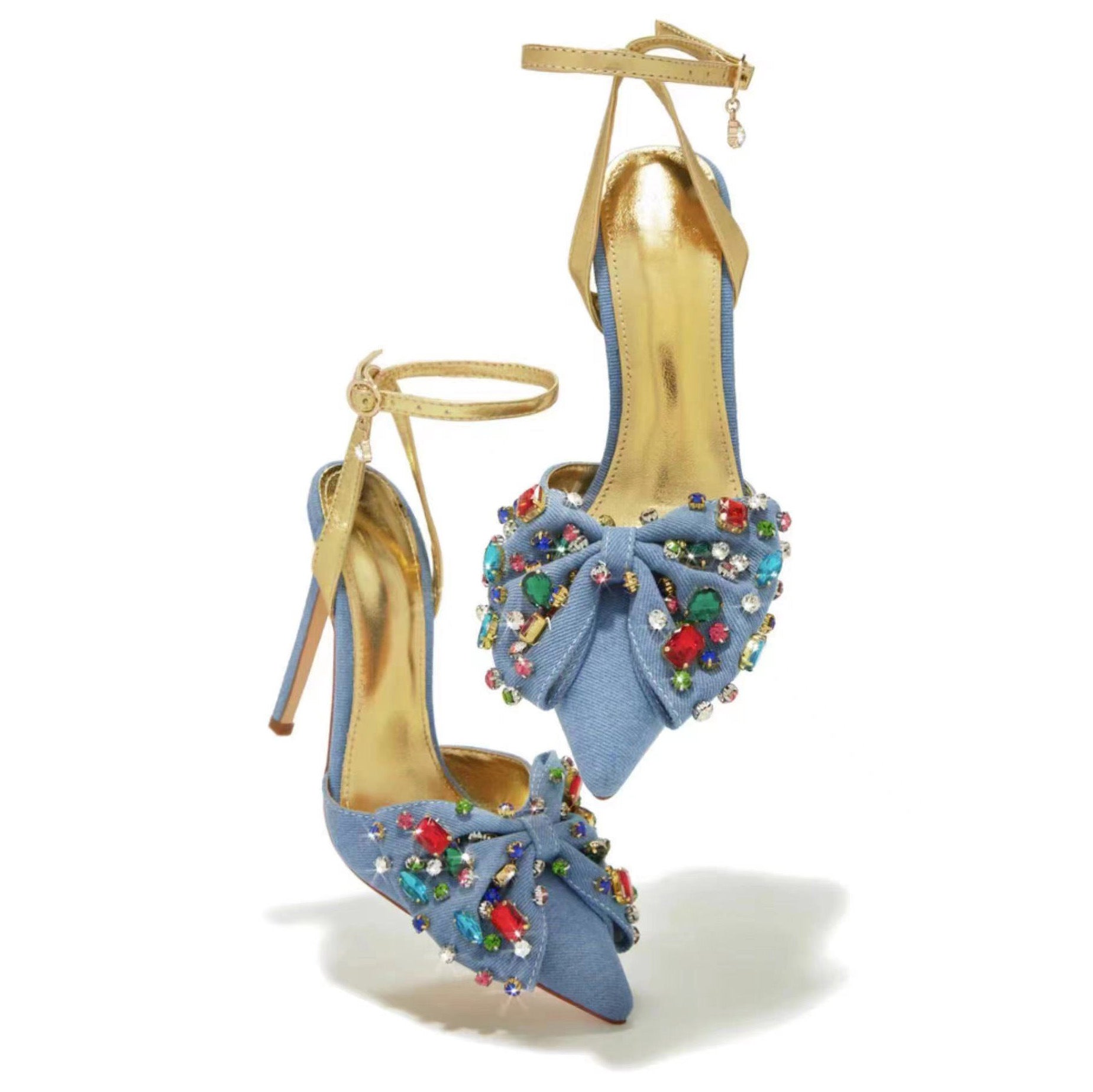Sarah Express Denim Rhinestone Bow Pointed Toe Heels