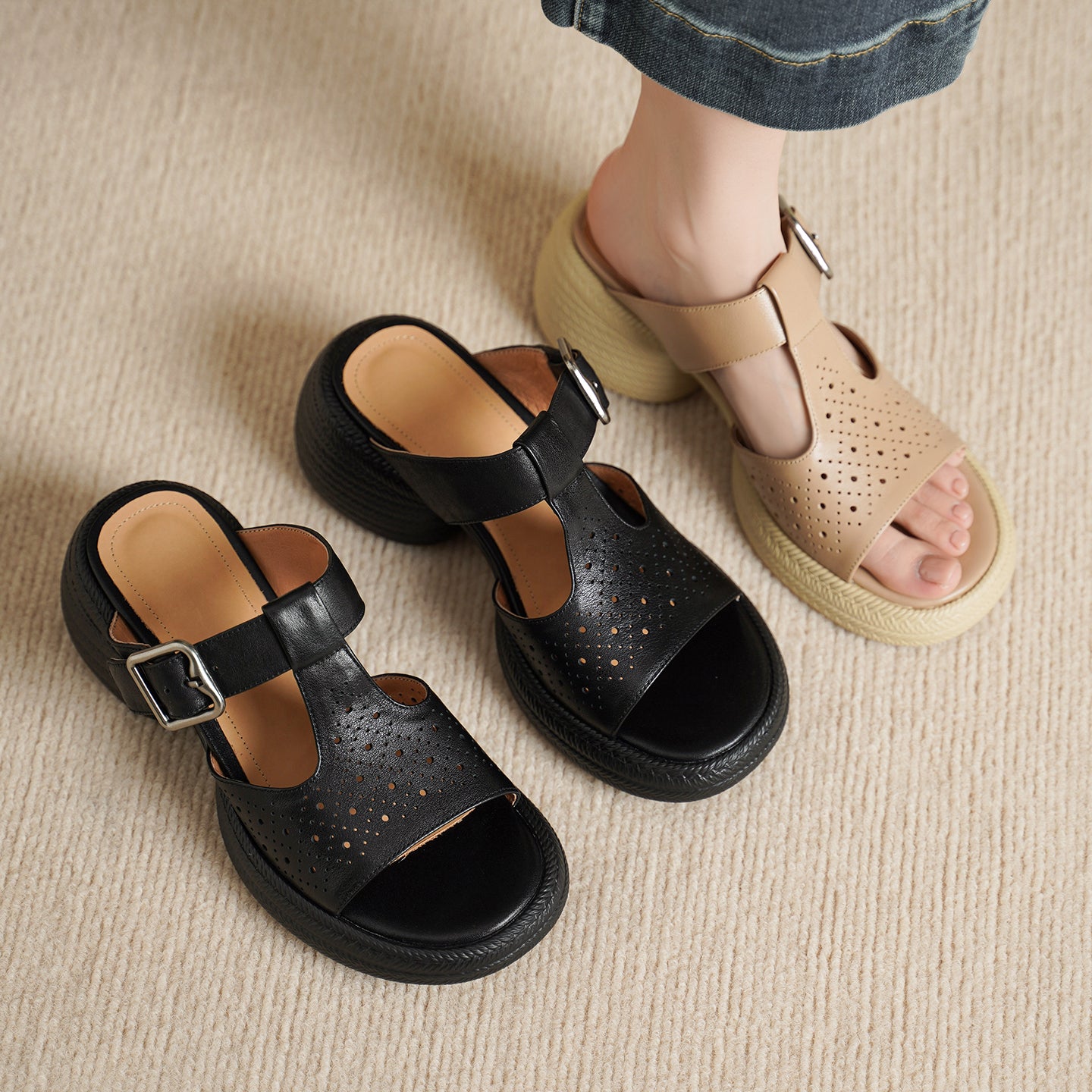 Sarah Express Perforated Leather T-Strap Platform Sandals