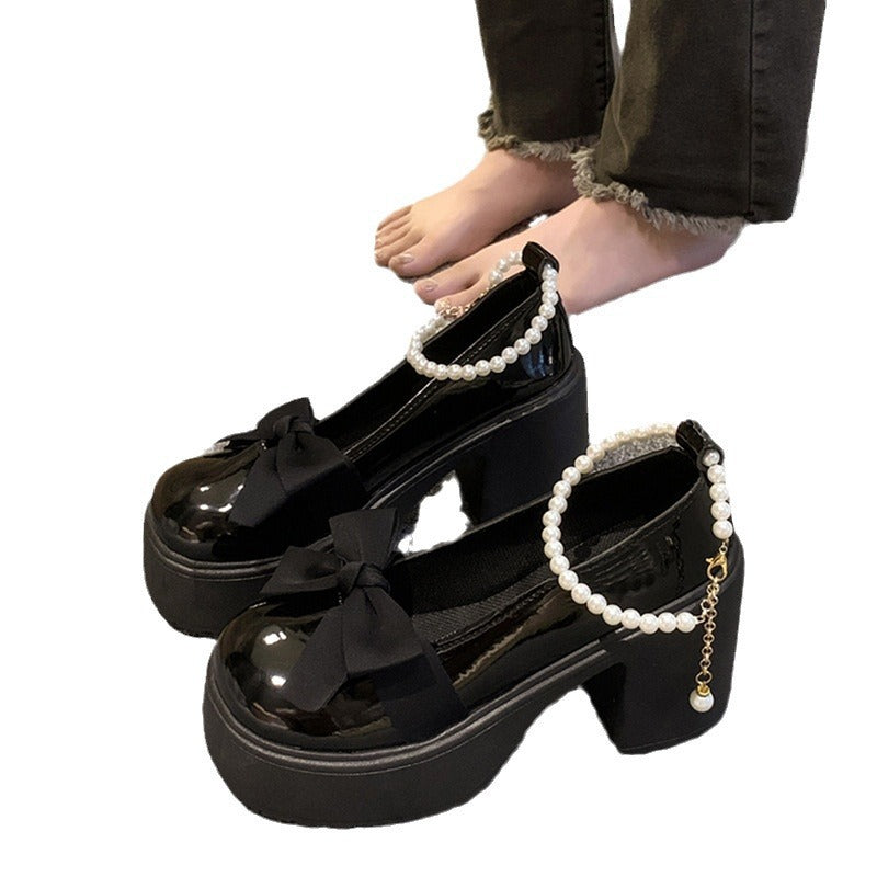 Sarah Express Pearl Bow Platform Block Heel Shoes