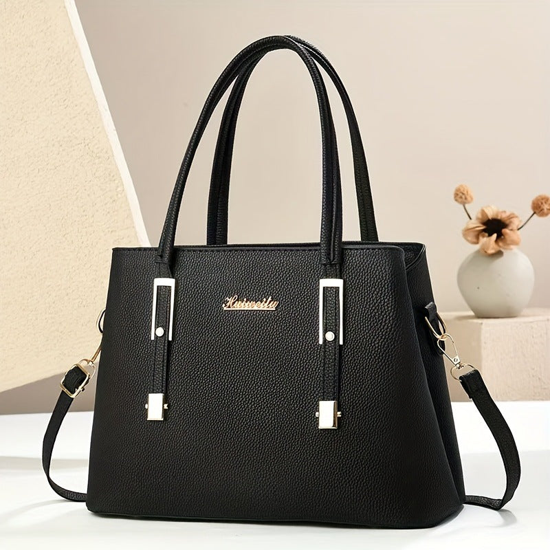 Sarah Express Structured PU Leather Tote Crossbody Bag Black
