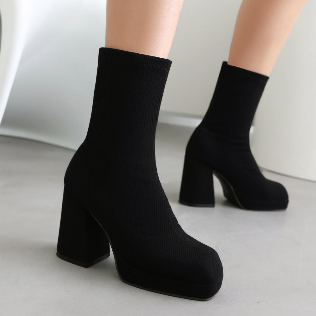 Sarah Express Square Toe Chunky Heel Ankle Boots