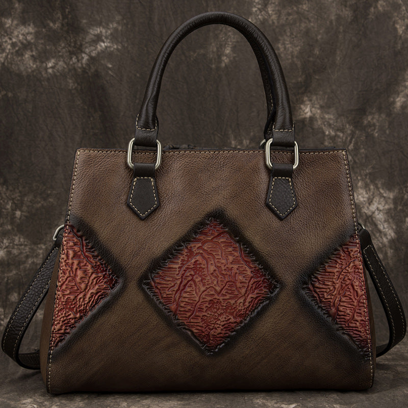 Sarah Express Retro Cowhide Structured Top Handle Bag Retro coffee