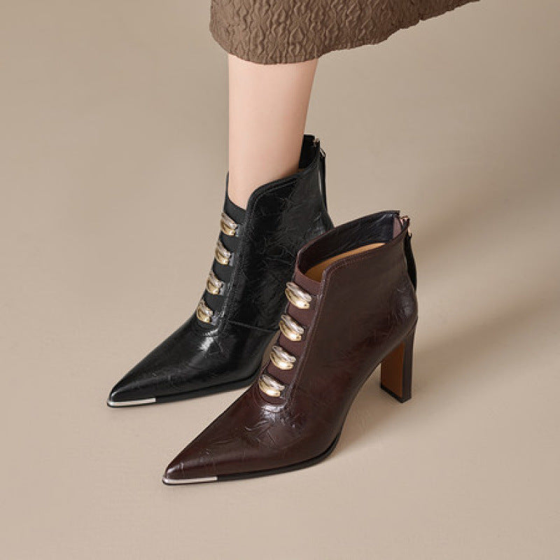 Sarah Express Pointed-Toe Satin Chunky Heel Ankle Boots