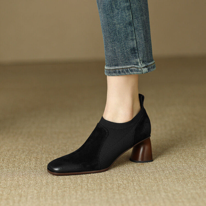 Sarah Express Square Toe Chunky Heel Slip-On Pumps