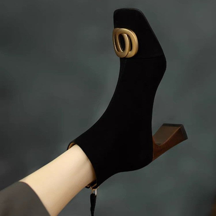 Sarah Express Retro Square Toe Chunky Heel Boots