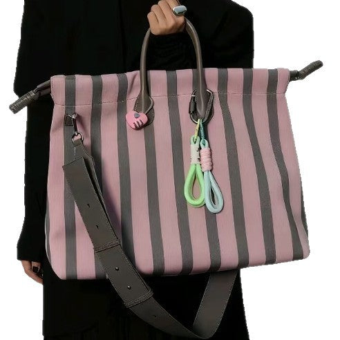 Sarah Express Large Capacity Striped Cowhide Leather Tote