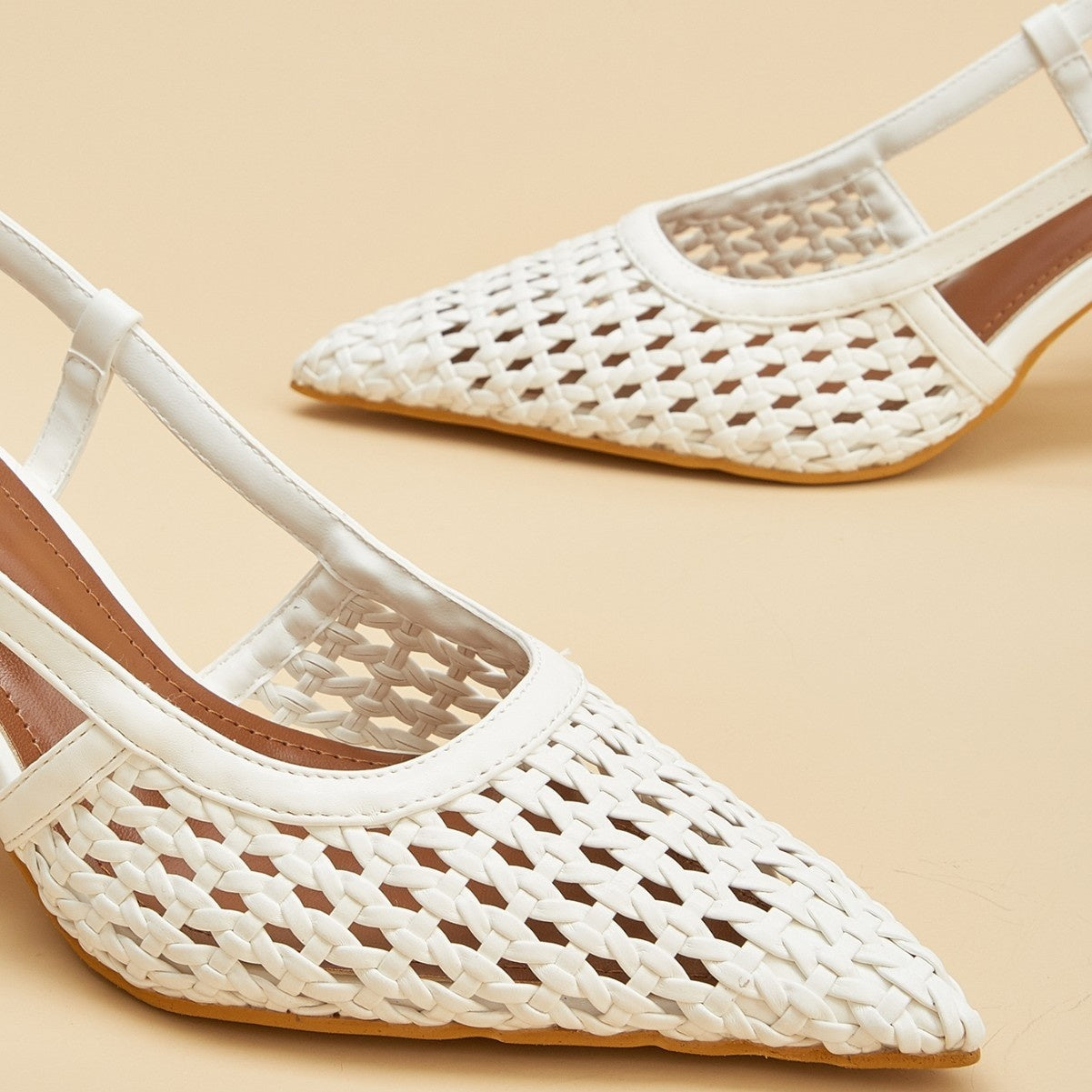 Sarah Express White Woven Mesh Pointed-Toe Slingback Sandals