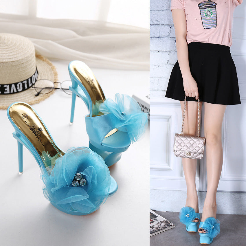 Sarah Express Diamond Embellished Chiffon Floral Open Toe Heels