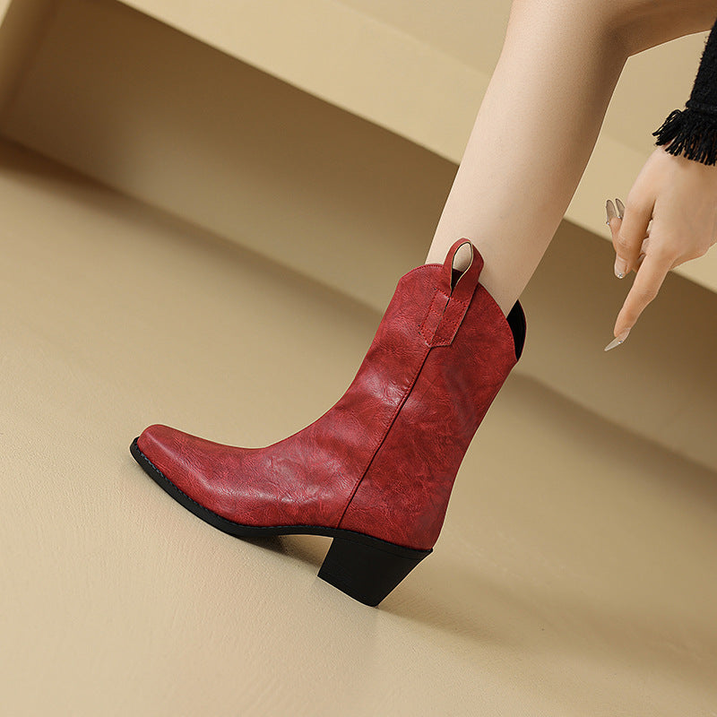 Sarah Express Retro Square Toe Chunky Heel Boots
