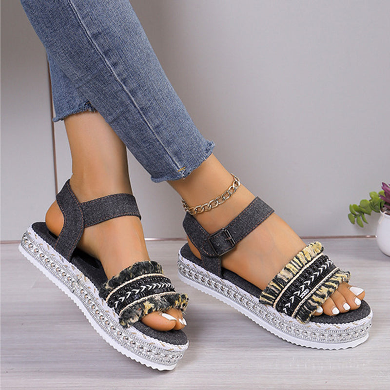 Sarah Express Women's Tassel Denim Flat Sandals