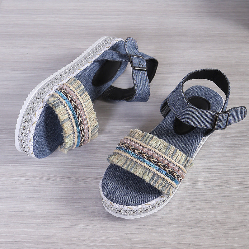 Sarah Express Women's Tassel Denim Flat Sandals