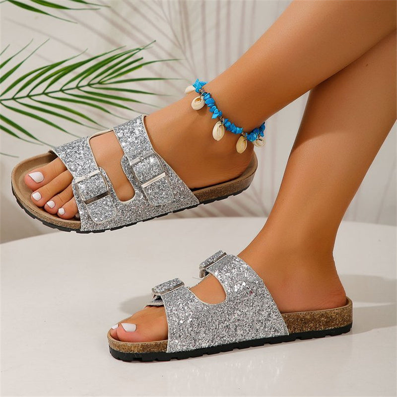 Sarah Express Women's Sequined Double Buckle Slide Sandals