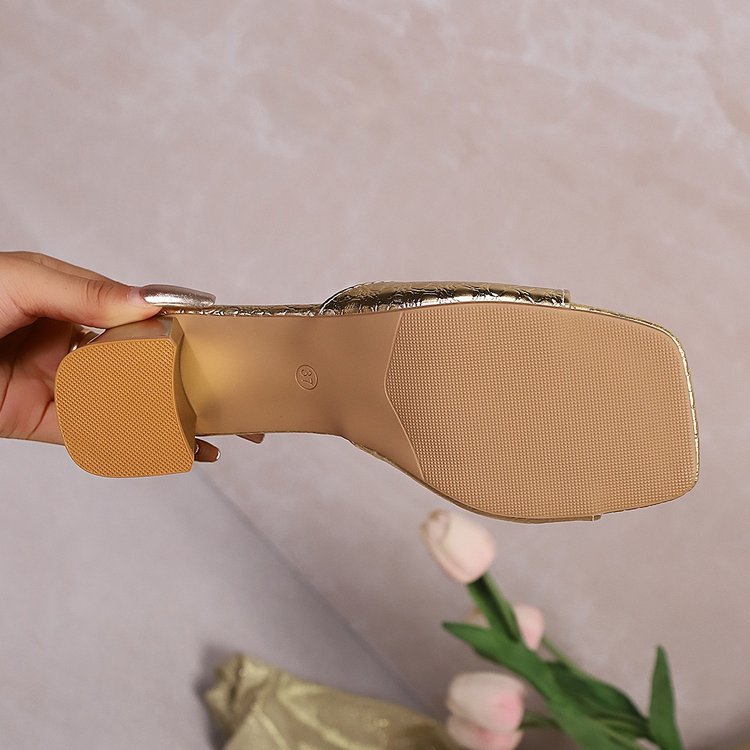 Sarah Express Shiny Sequin Square Toe Block Heel Sandals