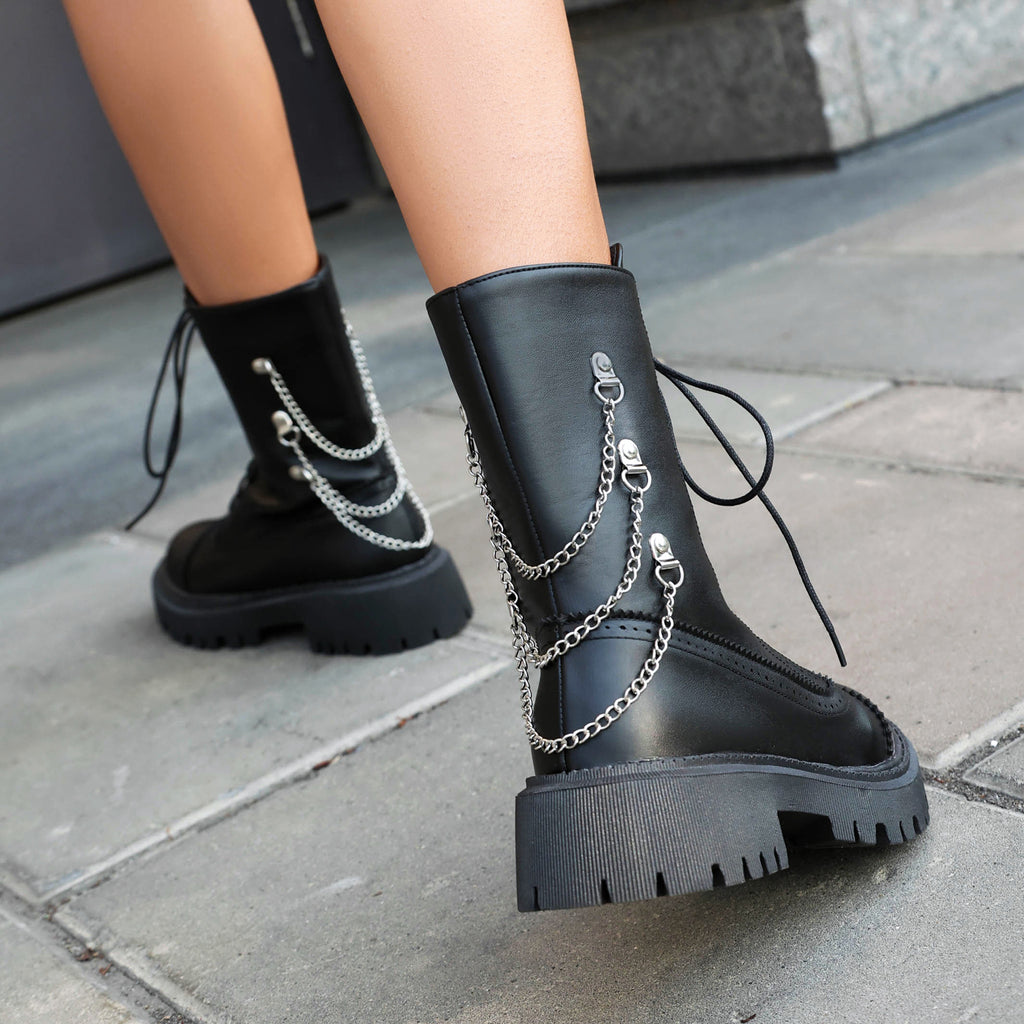 Sarah Express Chunky Heel Mid-Calf Lace-Up Boots