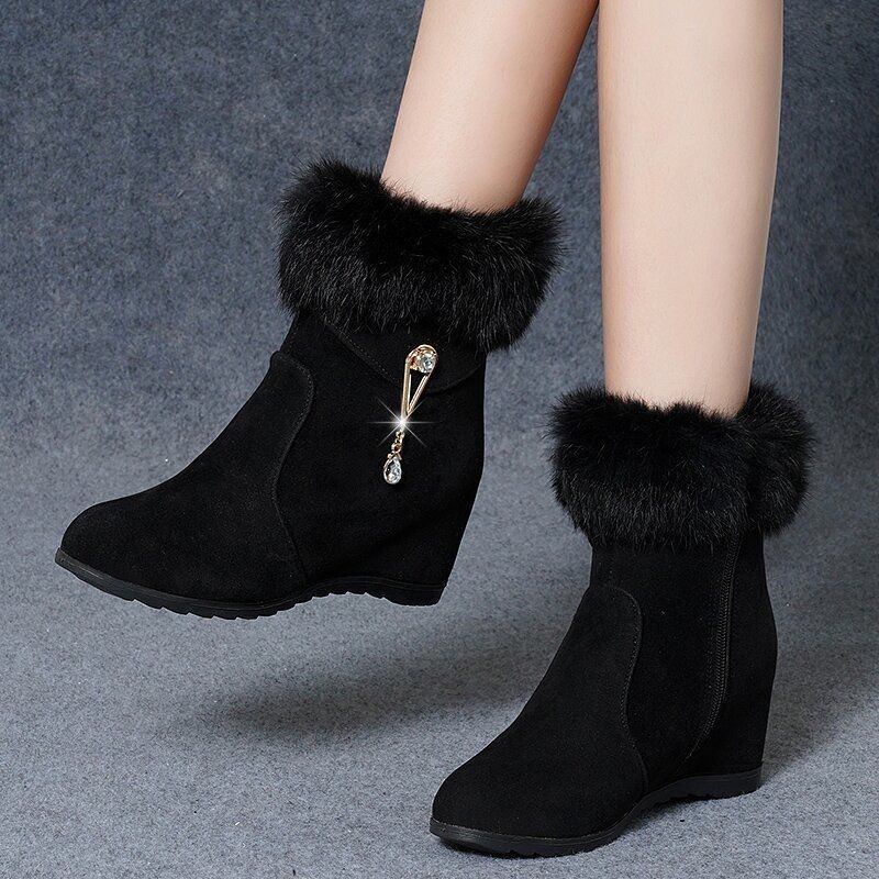 Sarah Express Faux Fur Trim Wedge Ankle Boots Black