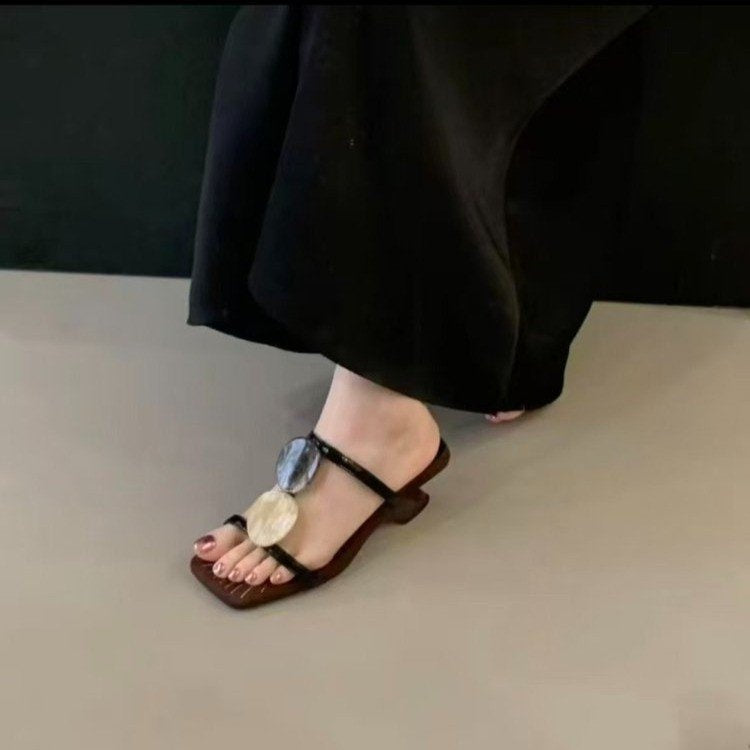 Sarah Express Square Toe Low Heel Slide Sandals