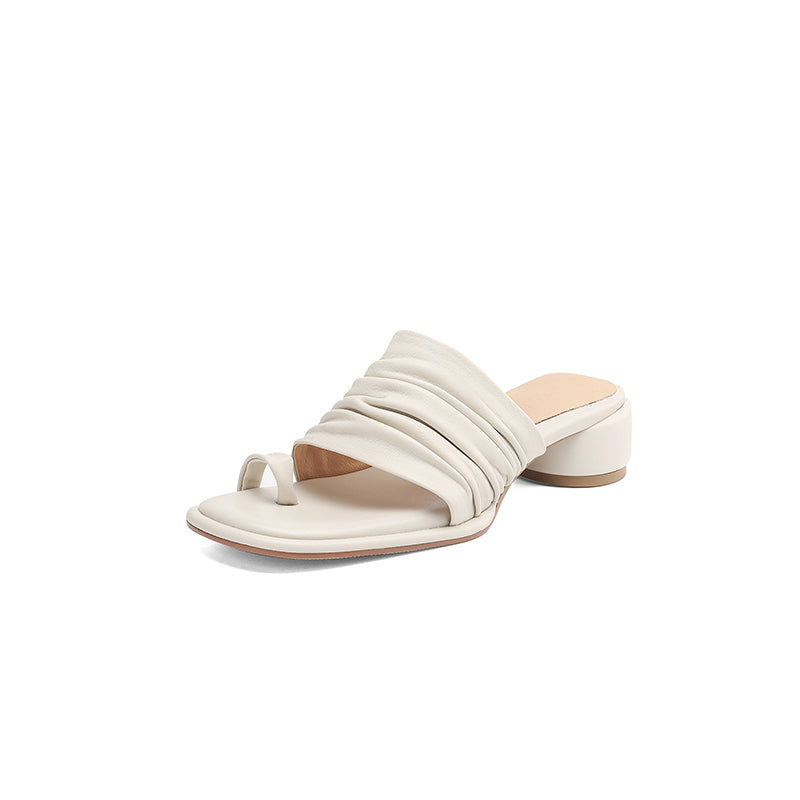 Sarah Express Handmade Sheepskin Ruched Toe-Loop Slide Sandals OffWhite