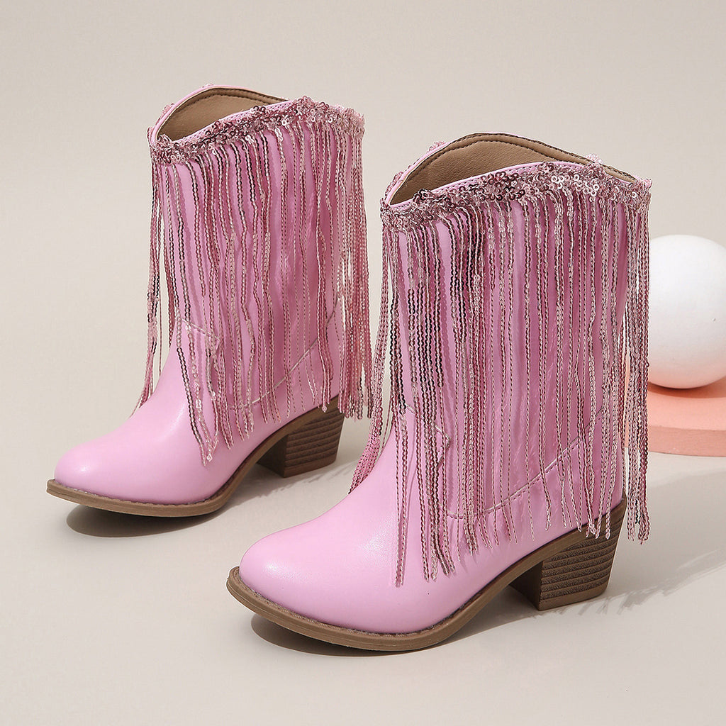 Sarah Express Western Fringe Chunky Heel Ankle Boots Pink