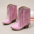 Sarah Express Western Fringe Chunky Heel Ankle Boots Pink