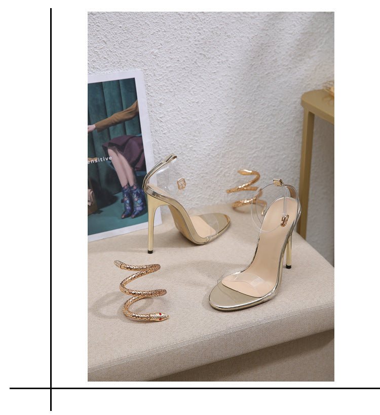 Sarah Express Gold Rhinestone Snake Wrap Stiletto Sandals