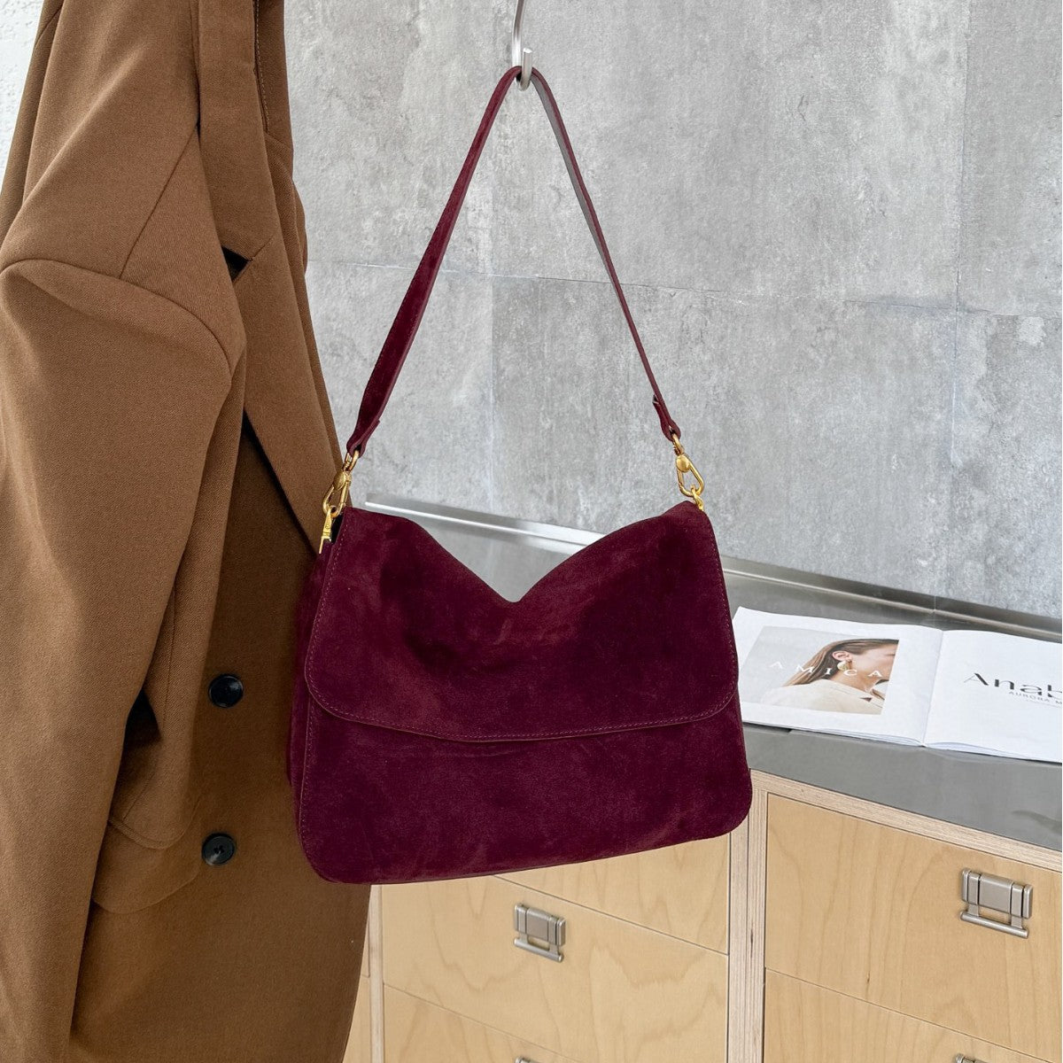 Sarah Express Patchwork Genuine Leather Crossbody Shoulder Bag Wine Red 29X12X21 cm