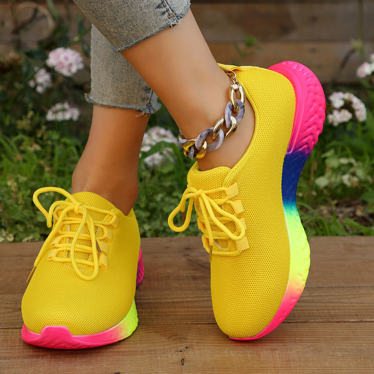 Sarah Express Rainbow Sole Lace-Up Mesh Sneakers