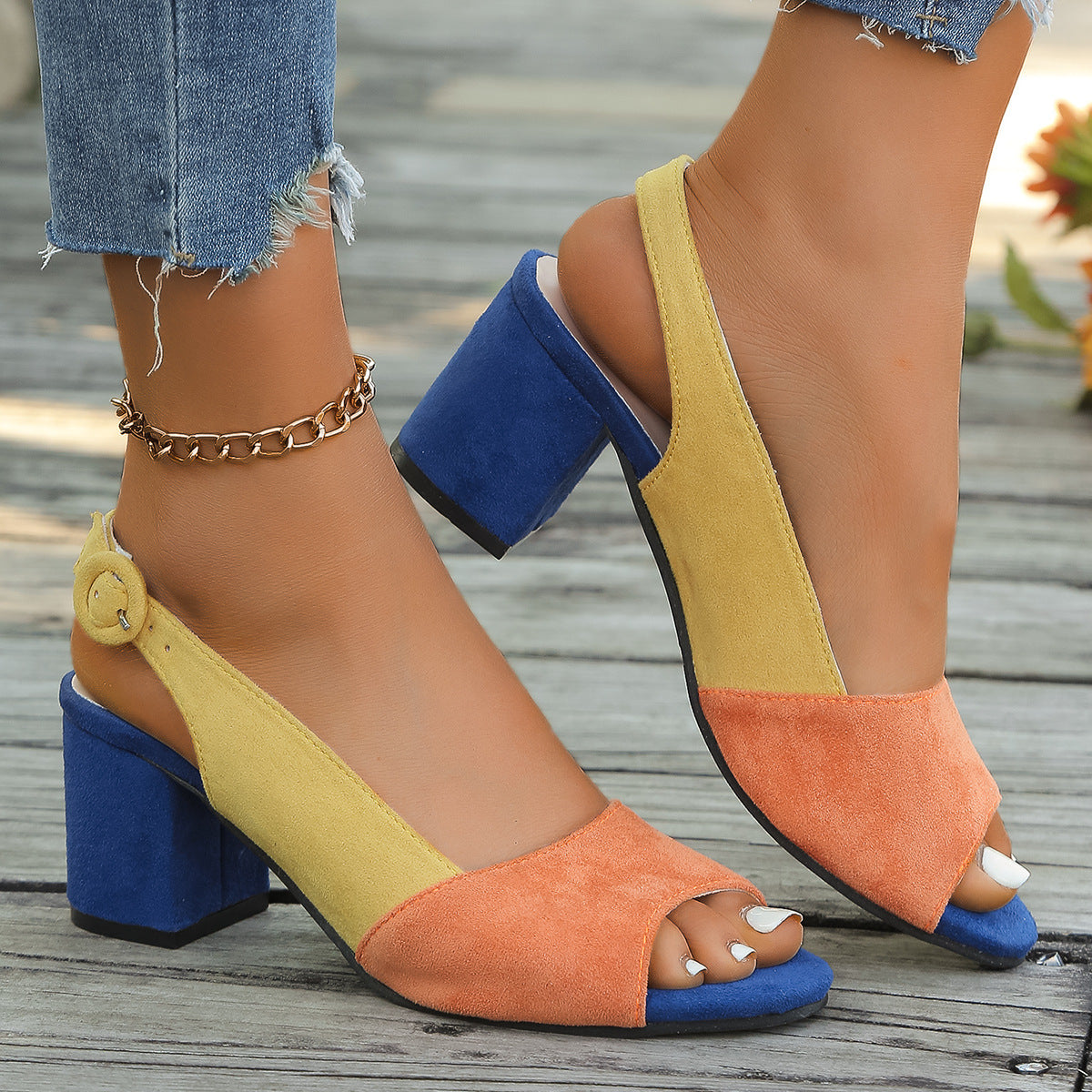 Sarah Express Colorful Suede Block Heel Sandals