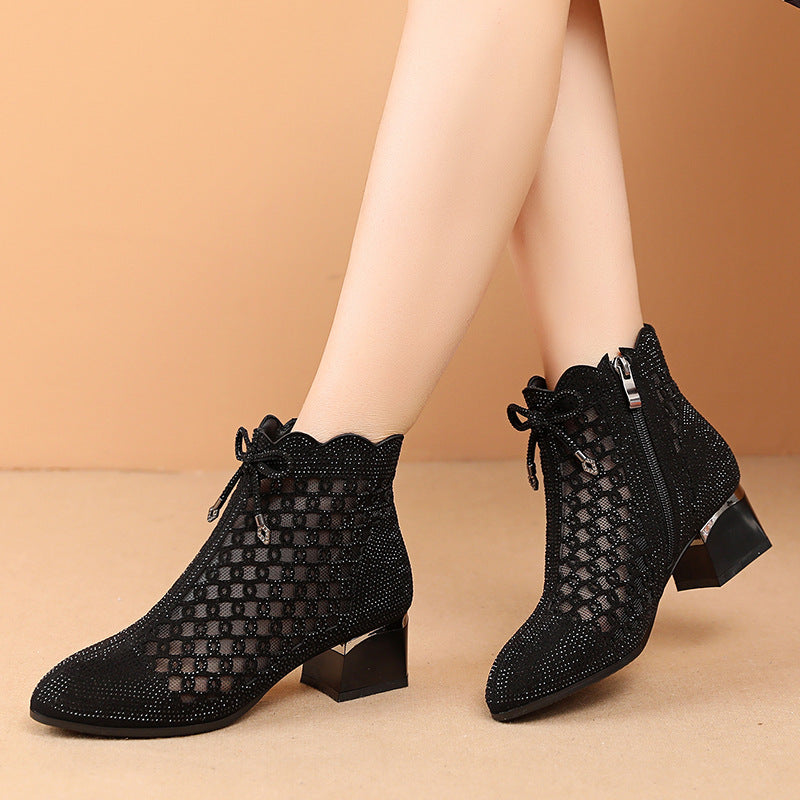 Sarah Express Rhinestone Mesh Cutout Ankle Boots