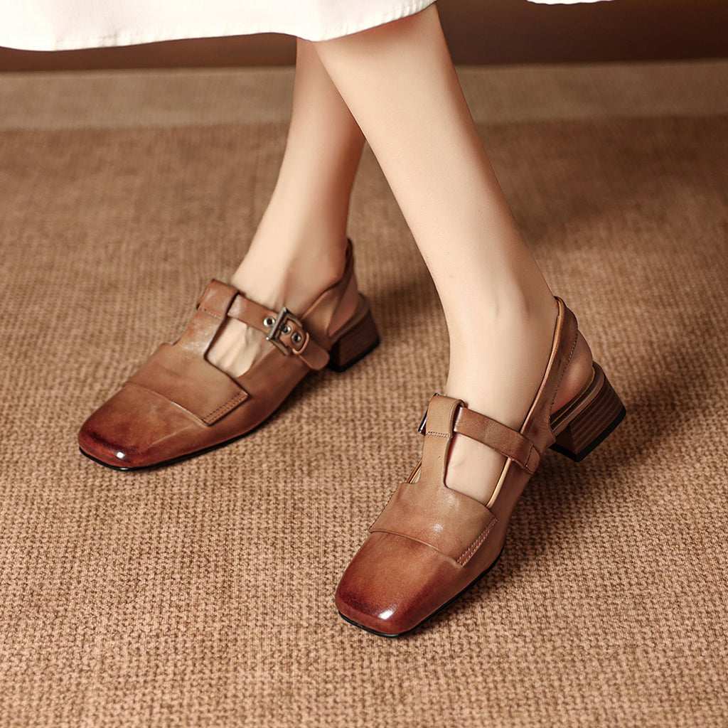 Sarah Express Handmade Leather T-Strap Block Heel Sandals