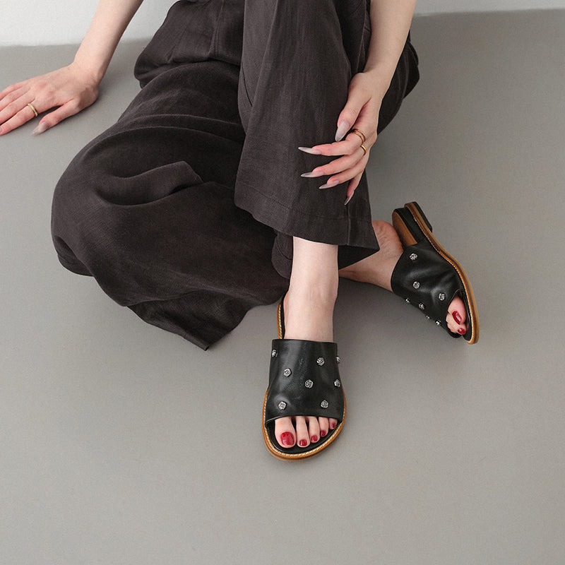 Sarah Express Studded Leather Slide Sandals Flat Mules