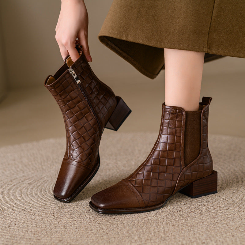 Sarah Express Woven Square-Toe Chunky-Heel Ankle Boots