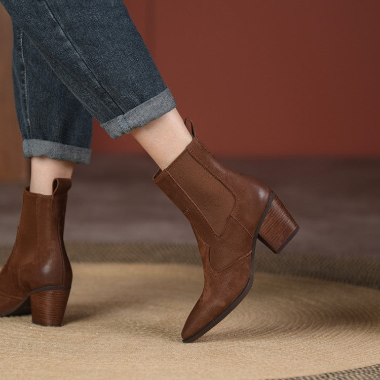 Sarah Express Women's Retro Pointed-Toe Chunky Ankle Boots