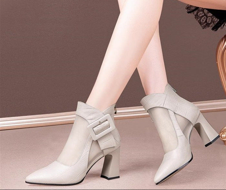 Sarah Express British Style Cutout Chunky Heel Boots beige