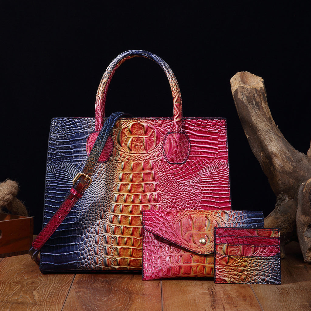 Sarah Express Crocodile-Grain Crossbody Tote Bag Set PG50592 Colorful Rose Blue