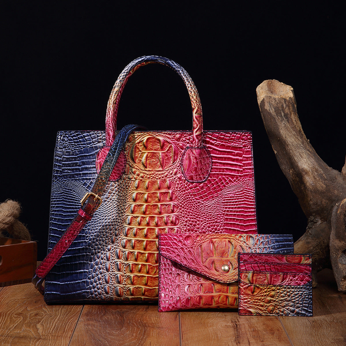 Sarah Express Crocodile-Grain Crossbody Tote Bag Set PG50592 Colorful Rose Blue