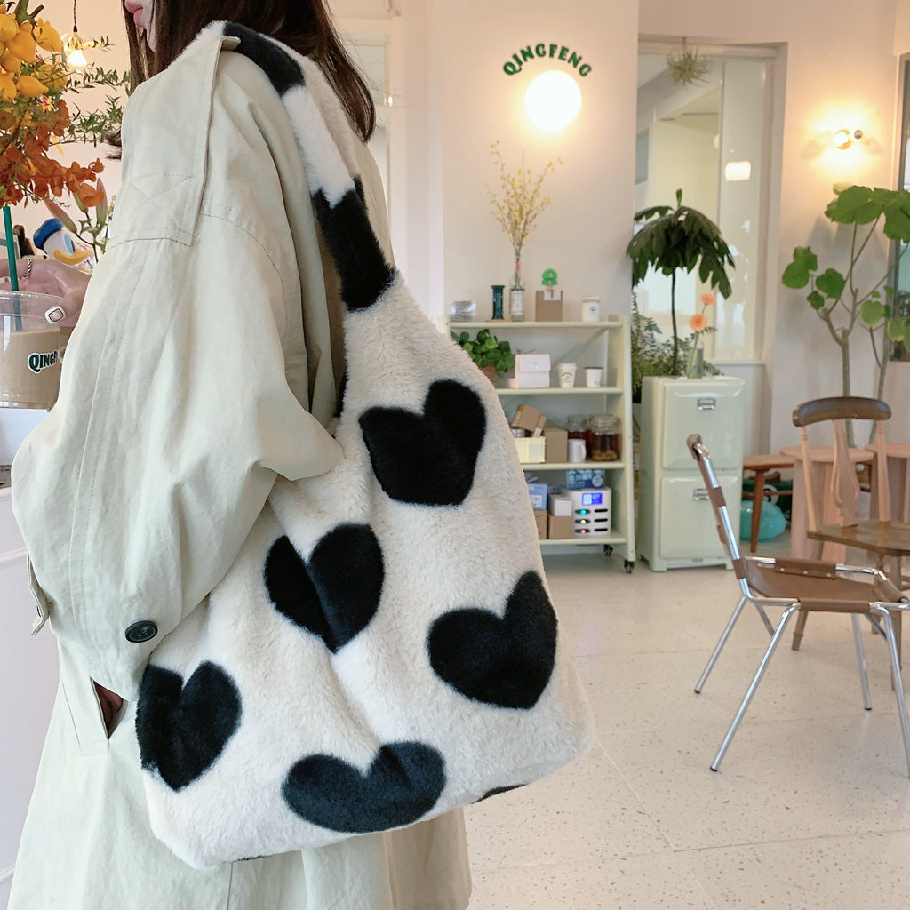 Sarah Express Plush Heart Pattern Reversible Shoulder Bag
