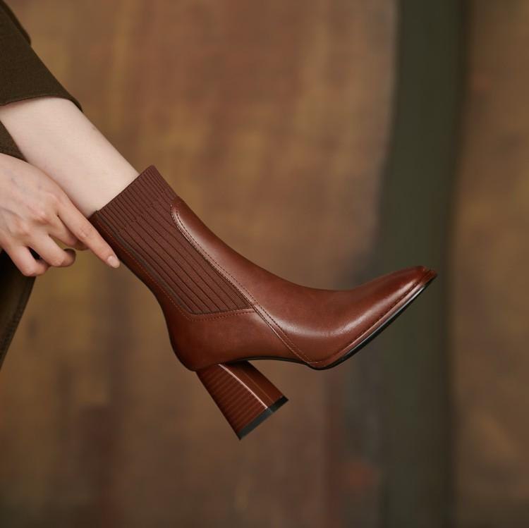 Sarah Express Vintage Square Toe Chunky Heel Ankle Boots Brown