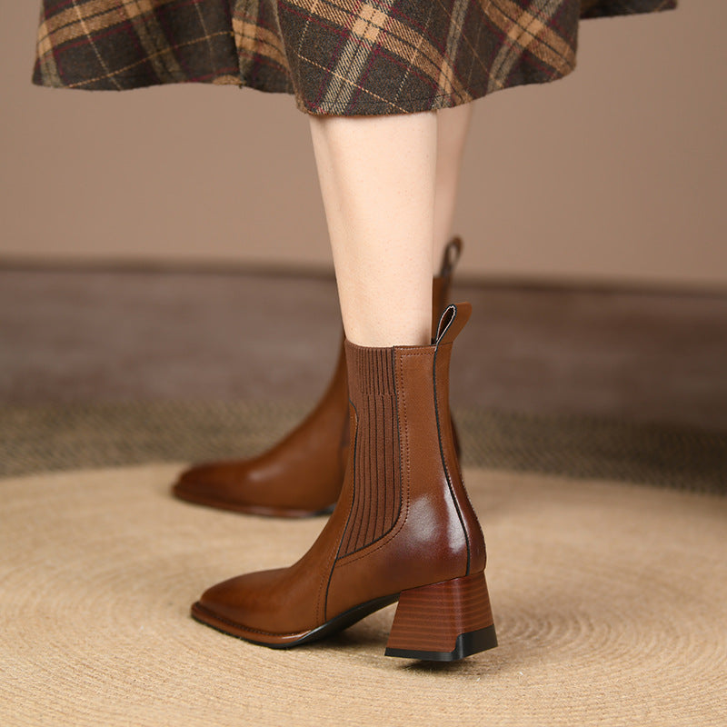 Sarah Express Vintage Square Toe Chunky Heel Ankle Boots
