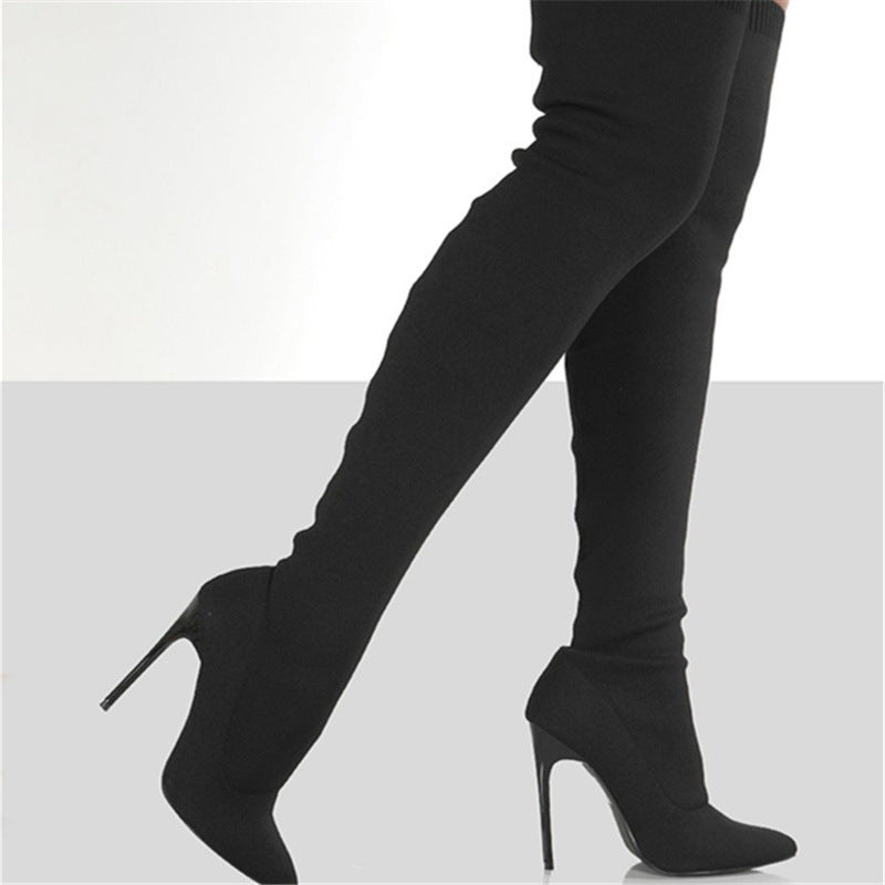 Sarah Express High-Heel Knit Over-the-Knee Boots Black