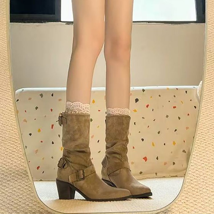 Sarah Express Retro Mid-Calf Chunky Heel Pointed Boots
