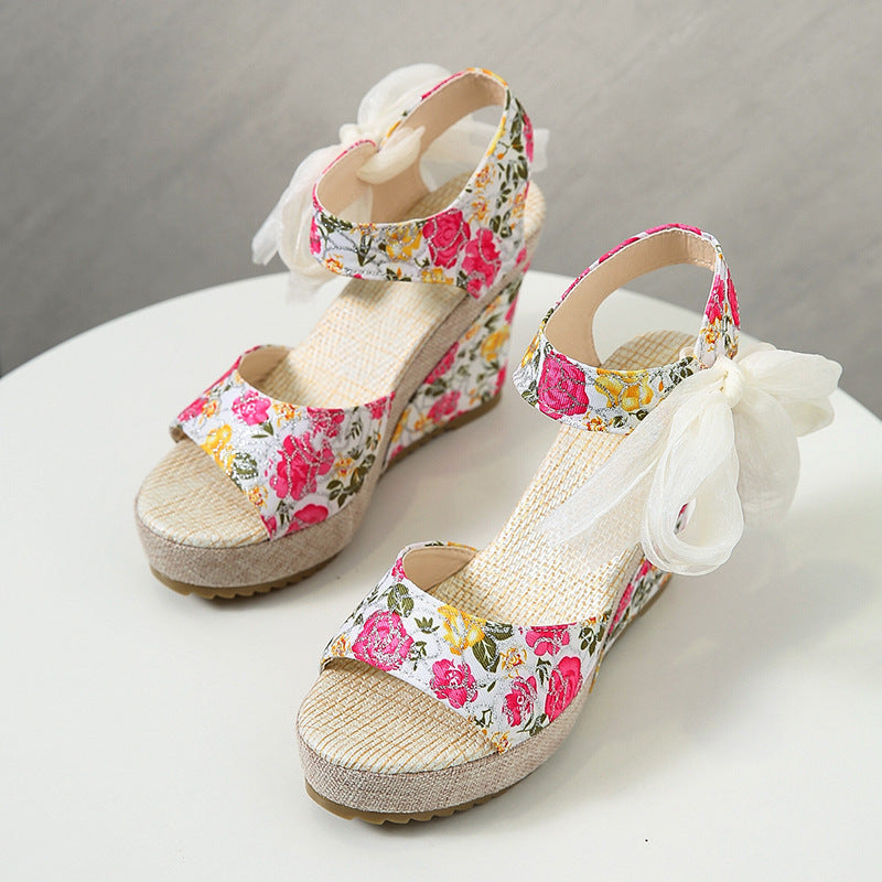 Sarah Express Printed Lace-Up Round Toe Wedge Sandals