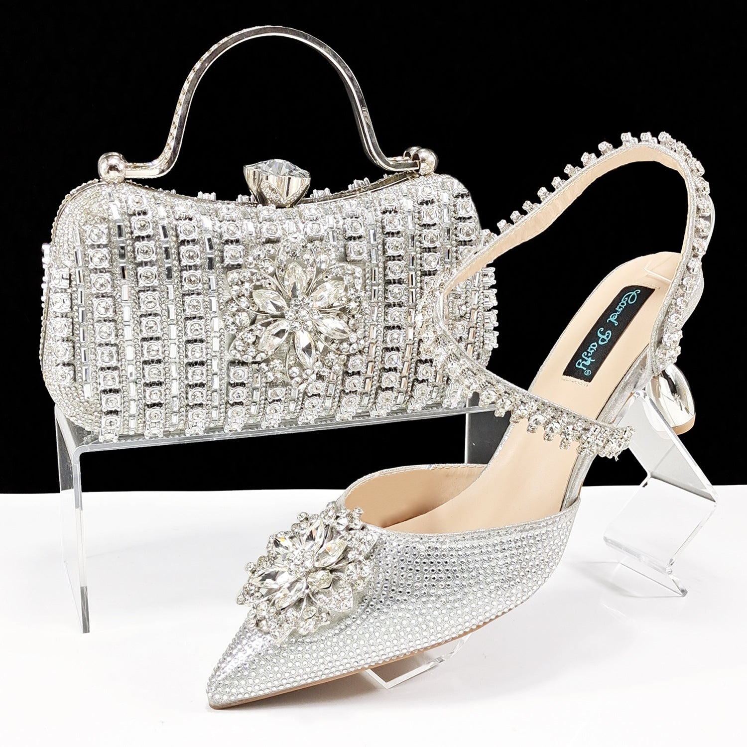 Sarah Express Rhinestone Embellished Clutch and Heel Set Silver